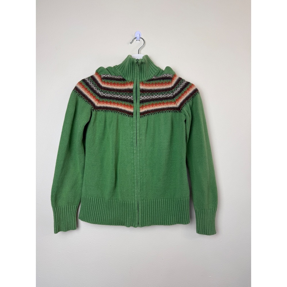 Eddie Bauer Vintage Y2K Women Green Fair Isle Full Zip Mock Neck Sweater Size M